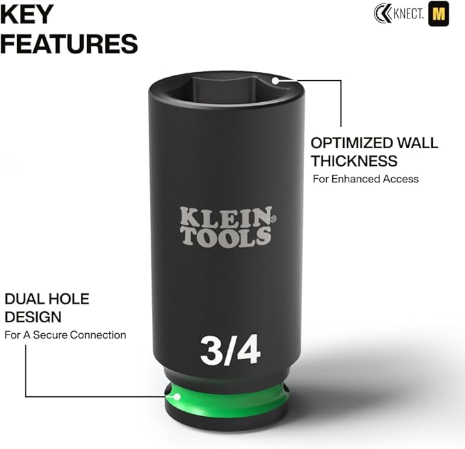 Klein Tools 65109IMPCT KNECT Deep-Well 3/8-Inch Drive Impact Socket Set, SAE, 9-Piece Tool Set with Impact Driver Adapter, Multi-Purpose Wrench Adapter, Color-Coded, MODbox Socket Organizer