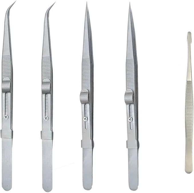 5PCS Precision Tweezers Set, Upgraded Anti-Static Stainless Steel Curved of Tweezers,Flat/Pointed/Curved Angled Locking Long Tweezers for Crafts, Lab, Soldering, Jewelry Crafting