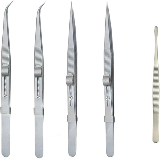 5PCS Precision Tweezers Set, Upgraded Anti-Static Stainless Steel Curved of Tweezers,Flat/Pointed/Curved Angled Locking Long Tweezers for Crafts, Lab, Soldering, Jewelry Crafting