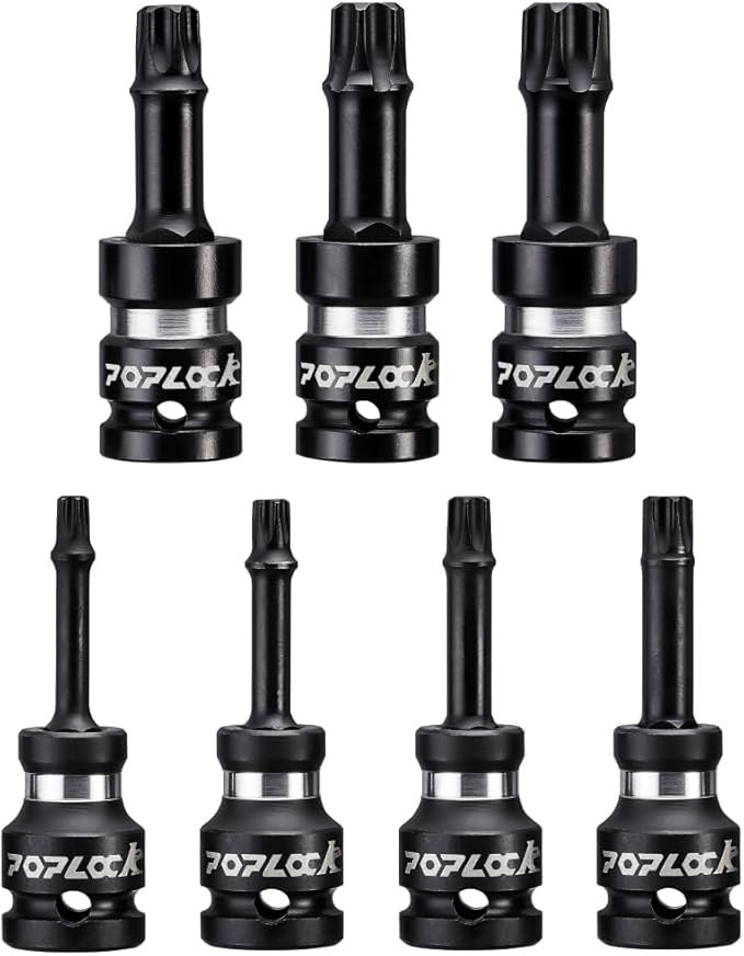 Poplock Impact Driver Set | 7-Piece 쩍 inch Drive Star Bit Set (T30?밫70) | 75mm Long Impact Driver Bit Set with 6-Lobed Allen Tips for Torx Fasteners T30 T40 T45 T50 T55 T60 T70