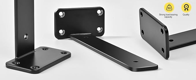 4 Pack - 10 inch Black Hidden L Shelf Bracket (1/5 Inch Thicked) Iron Floating Shelf Brackets Rustic Industrial Metal Brackets for Shelf Support