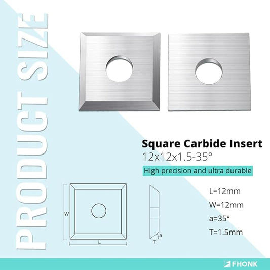 12mm Square Straight Carbide Cutters, for Woodturning Replacement Cutter Knives, Fits Spiral, Helical Planer Cutter, Wood Lathe Turning Tool, 10-Piece (12x12x1.5-35째)