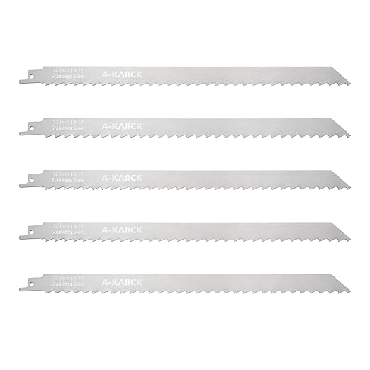 A-KARCK Food Reciprocating Saw Blades for Frozen Meat 5 Pack, Unpainted Stainless Steel Saw Blades for Food Cutting Included 12"