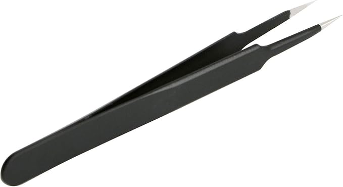 Aoje-Link ESD-10 Professional Anti-Static Precision Technology Tweezers, Non-magnetic Straight Pointed Tip, Stainless Steel Plastic Coated, Full Length 120mm, Black, 2pcs…