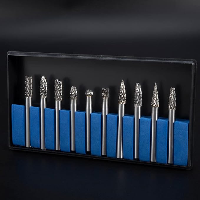 Carbide Burr Set 10PC 1/4" Shank ??6mm Tungsten Double Cut Carbide Rotary Burr Set for Metal and Wood Carving, Grinding, Polishing, Engraving, Drilling.