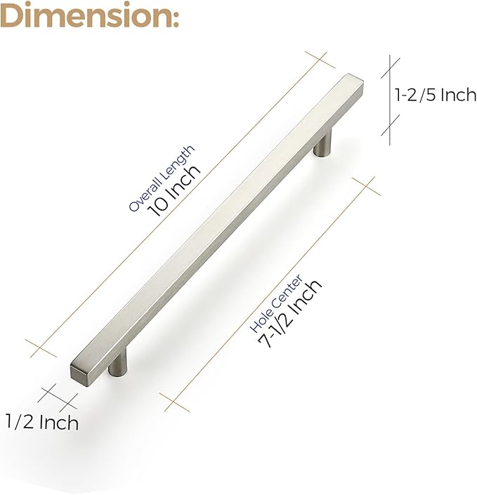 Ravinte 30 Pack 7-1/2 Inch Cabinet Pulls Brushed Nickel Sqaure Kitchen Cabinet Handles Silver Cabinet Hardware Stainless Steel Drawer Pulls 10 Inch Overall Length with Mounting Template
