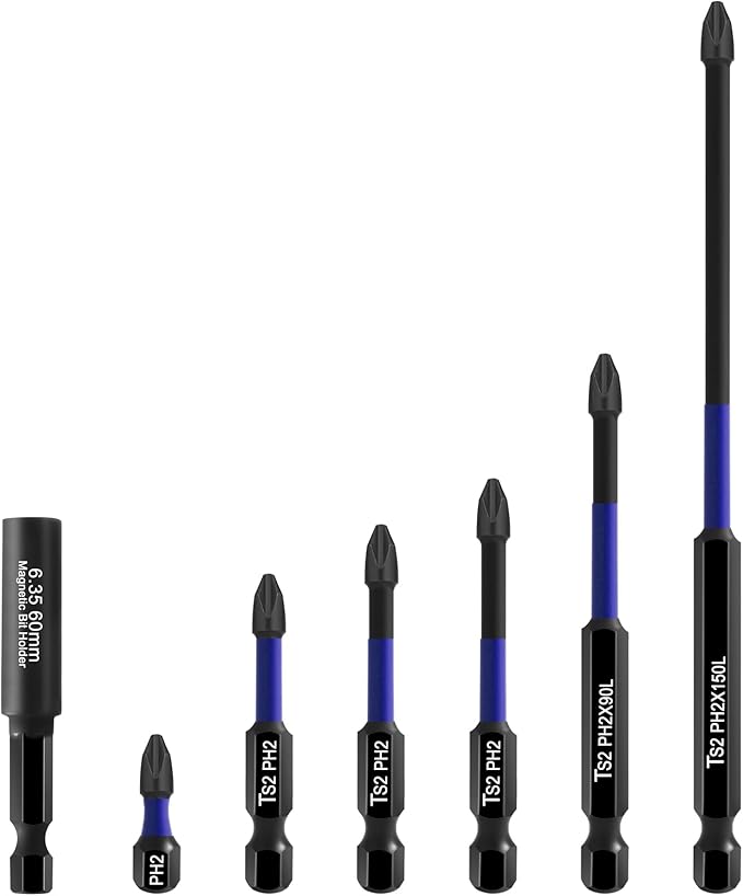 HPHOPE Phillips Bit Set, 6Pcs PH2 Bits with 60mm Magnetic Bit Holder, Precision Screwdriver Bit Set