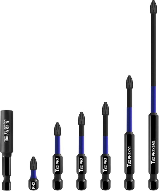 HPHOPE Phillips Bit Set, 6Pcs PH2 Bits with 60mm Magnetic Bit Holder, Precision Screwdriver Bit Set