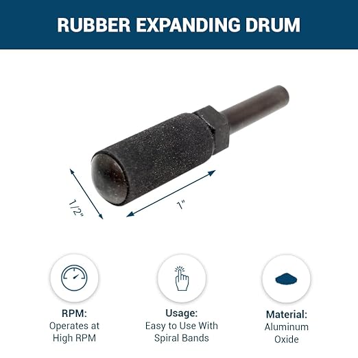 Benchmark Abrasives 1/2" x 1" Rubber Expanding Drum Sander with 1/4" Mandrel, Spiral Bands Rotary Sander Attachment for Drill & Die Grinder, Metal Polishing Sanding Shaping - Sanders for Woodworking