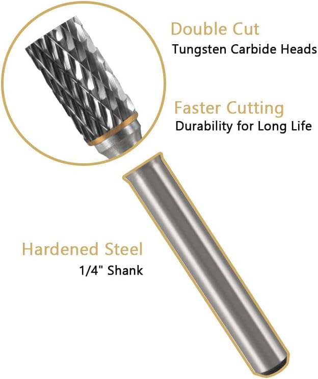 Carbide Burr Set 1/4" Shank 10PC Tungsten Double Cut Carbide Rotary Burr Set for Metal and Wood Carving, Grinding, Polishing, Engraving, Drilling in Sturdy Round Case.