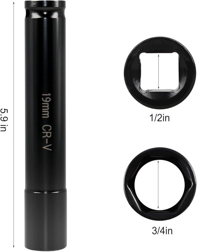 19mm Deep Impact Socket, 3/4" Socket 1/2" Drive Truck Cage Bolt, Heat-Treated CR-V Steel 6 Inch Length (19MM-1PCS)