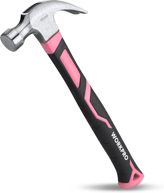 WORKPRO 16 oz Claw Hammer with Fiberglass Handle, All Purpose Hammer with Forged Hardened Steel Head, Pink Ribbon
