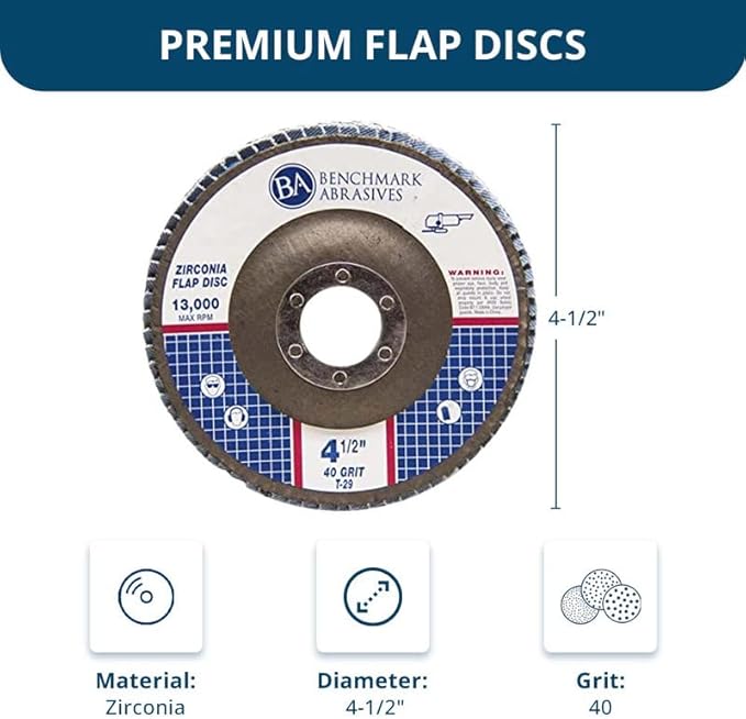 Benchmark Abrasives 4.5" x 7/8" Premium Zirconia T29 Angled Flap Discs 4 1/2 for Angle Grinder, Sanding Discs, Finishing, Rust, Stock Removal- Grinding Wheels 4 1/2 Inch (100 Pack) - 40 Grit