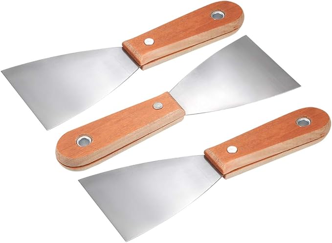uxcell Putty Scraper 3" Cr-V Steel Stiff Putty Knives with Wood Handle for Taping Paint Wall Floor Tile 3pcs
