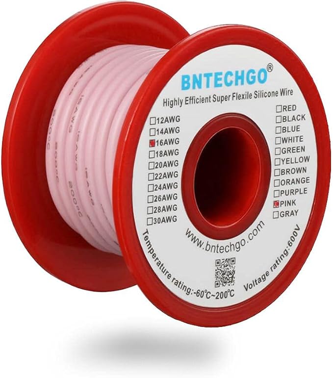 BNTECHGO 16 Gauge Silicone Wire Spool 25 ft Pink Flexible 16 AWG Stranded Tinned Copper Wire