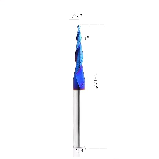 5.4 Deg Tapered Ball Nose Upcut CNC Spiral Router Bit 1/4 Inch Shank NACO Coated 2 Flute End Mill for 3D&2D Carving Engraving STQ454 (1/16Dx1CHx1/4SHKx2-1/2L)