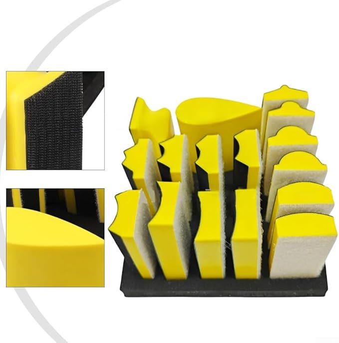 Complete Set of 16 Hand Sanding Blocks with 40 Aluminum Oxide Sandpaper Sheets, Designed for Wet and Dry Sanding on Various Surfaces Including Wood and Metal