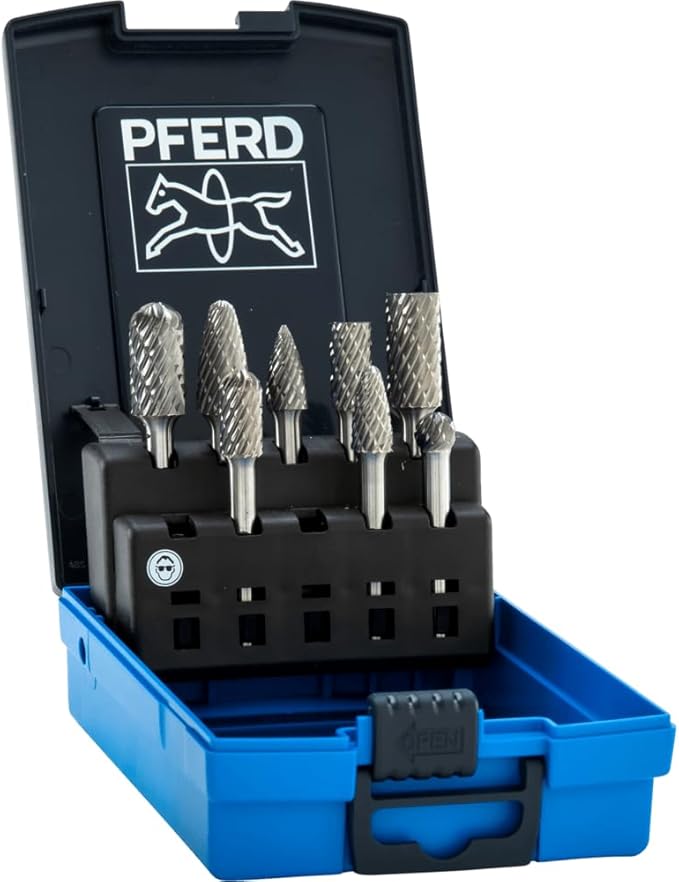 PFERD 8-Piece Tungsten Carbide Bur Set, OMNI Double Cut, 1/4" Shank – For Stainless Steel Grinding, Deburring & Metalworking, Includes Plastic Case - Part 28011