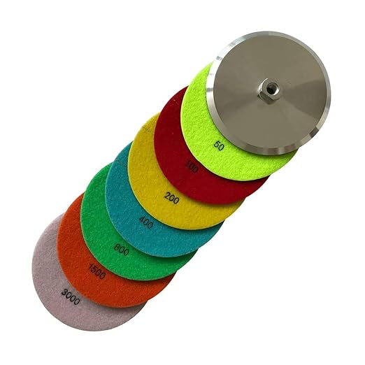7" Dry Stone Polishing Pads Set (50, 100, 200, 400, 800, 1500, 3000 Grit with Metal Backer) - for Granite, Marble, Concrete
