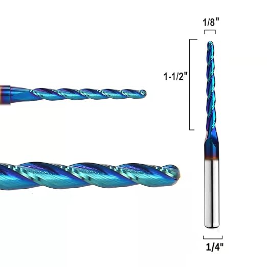 1 Degree Tapered Ball Nose CNC Router Bits End Mills Solid Carbide Spiral Up Cut 2D&3D Carving bits 1/4 Inch Shank with 1/8 Diameter Overall Length 3 Inch SQ333