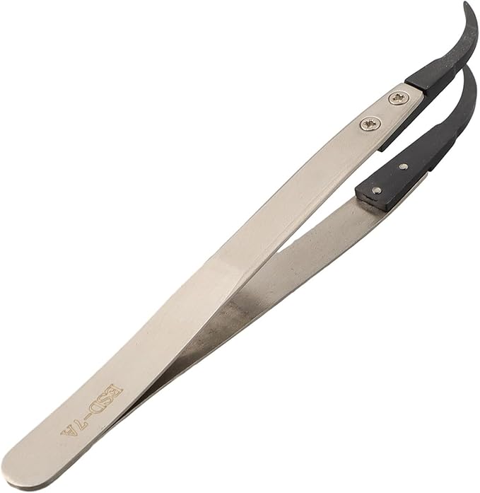 Precision Anti-Static ESD Tweezers for Electronics Repair, Industrial Metal Tweezers for Circuit Board, Mobile Phone, and Clock Maintenance, Silver Black Color(ESD-7A)