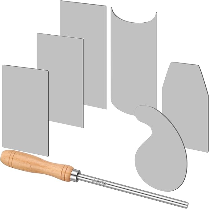 Therwen Card Scraper Burnisher and 6 Pcs Cabinet Scraper Set for Woodworking Card Woodworking Burnishing Tool Include 3 Rectangle 1 Gooseneck and Curved 1 Beveled Hand(Silver)