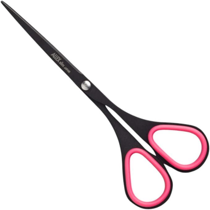 ALLEX Small Black Scissors for Office 5.5" [Non-Stick], All Purpose Slim & Thin Low Profile Scissors, Made in JAPAN, All Metal Japanese Stainless Steel Blade with Non-Slip Soft Ring, Black Pink