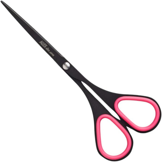 ALLEX Small Black Scissors for Office 5.5" [Non-Stick], All Purpose Slim & Thin Low Profile Scissors, Made in JAPAN, All Metal Japanese Stainless Steel Blade with Non-Slip Soft Ring, Black Pink