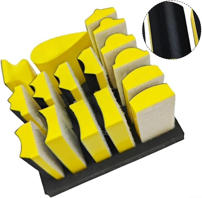 Complete Set of 16 Hand Sanding Blocks with 40 Aluminum Oxide Sandpaper Sheets, Designed for Wet and Dry Sanding on Various Surfaces Including Wood and Metal