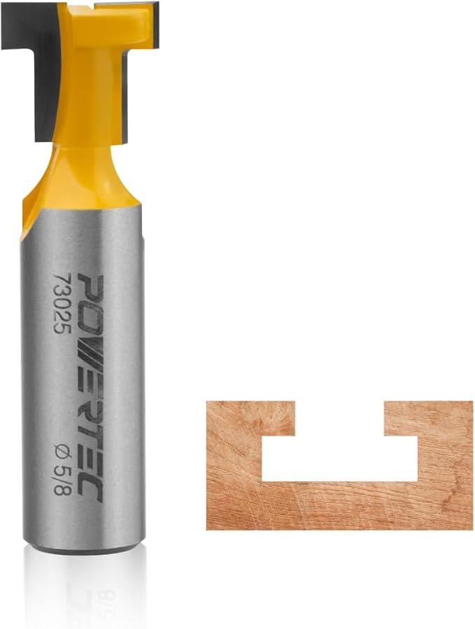 POWERTEC T Track Router Bit, Tungsten Carbide Tipped Router Bit, 1/2" Shank, 5/8" Dia., Slatwall, T Slot for Picture Frames, Compatible with 1/4" & 5/16" T Track Bolts (73025)