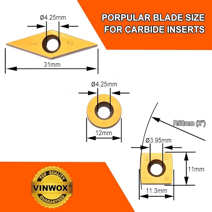 TITANIUM Coated Replacement Wood Turning Carbide Tip Set for VINWOX 3 PCS & 4 PCS Carbide Turning Tool Set, 2 of each Finisher (big and small size), Detailer, 4 of 2" Straight/Radius Combo, Pack of 10
