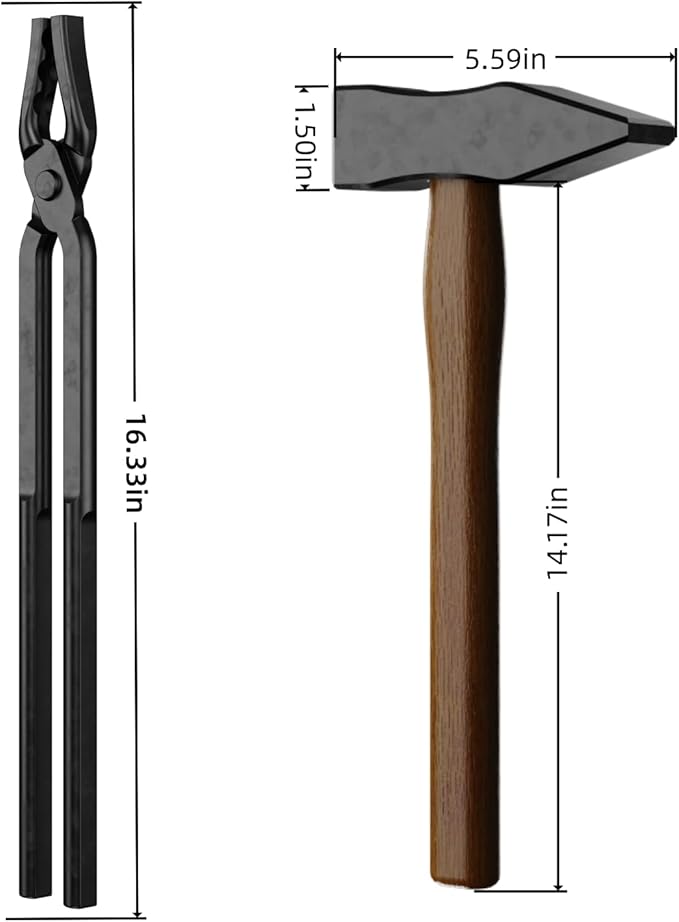 2PCS Blacksmith Tools with Blacksmith Tongs and Blacksmith Hammer, Wolf Jaw,Assembled Blacksmithing Tongs for Forging Tools and Equipment