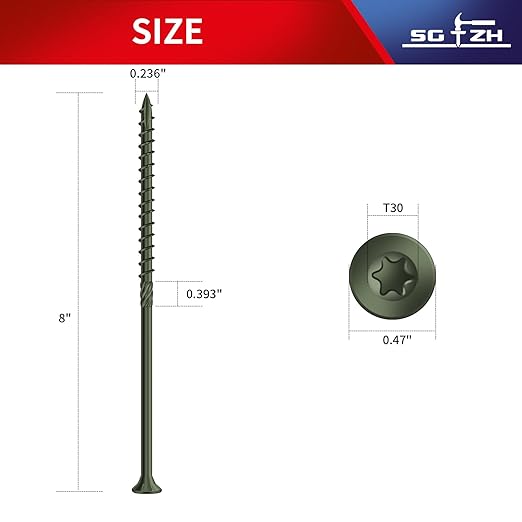 #14 x 8 Inch Deck Screws (17Pcs) 1lb. Carbon Steel, Green, Flat Head, Rust Resistant epoxy Coated, with T30 Star Bit