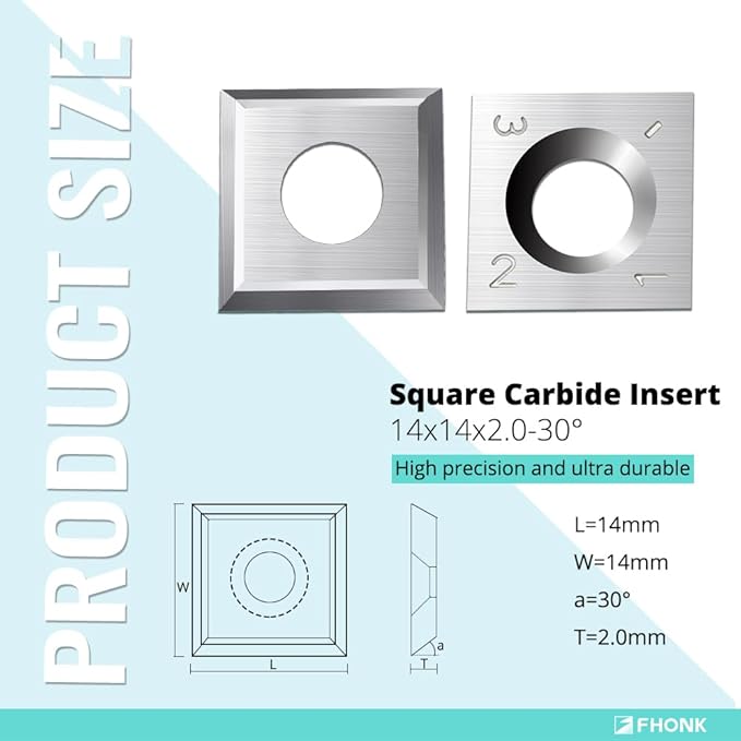14mm Square Straight Carbide Cutters, for Woodturning Replacement Cutter Knives, Fits Spiral, Helical Planer Cutter, Wood Lathe Turning Tool, 10-Piece (14x14x2.0-30째)