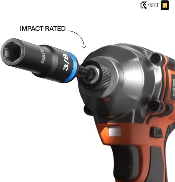 Klein Tools 65109IMPCT KNECT Deep-Well 3/8-Inch Drive Impact Socket Set, SAE, 9-Piece Tool Set with Impact Driver Adapter, Multi-Purpose Wrench Adapter, Color-Coded, MODbox Socket Organizer