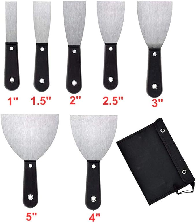 Meichoon 7 Piece Putty Knife Set - Drywall and Spackle Knife, Wall Scraper for Home DIY Tools - 1, 1-1/2, 2, 2-1/2, 3, 4, 5 Inch Sizes - DF05