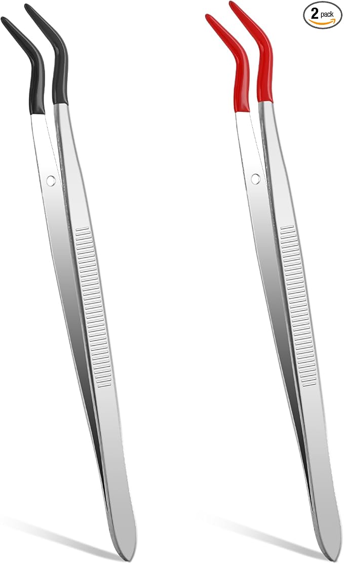 Rubber Tipped Tweezers, 2 Pcs Stainless Steel Curved Craft Tweezers PVC Coated Long Jewelry Tweezer Set for Crafts Stamps Coin Beads Jewelry Industrial Electronic Lab (Red, Black)