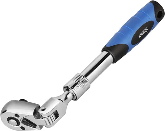 DISEN 3/8" Drive Extendable Ratchet,72-Tooth Flex-Head Ratchet Wrench with Quick Release Locking竊똕oft-Grip with Reversible Switch,Full-Polished Chrome Plating
