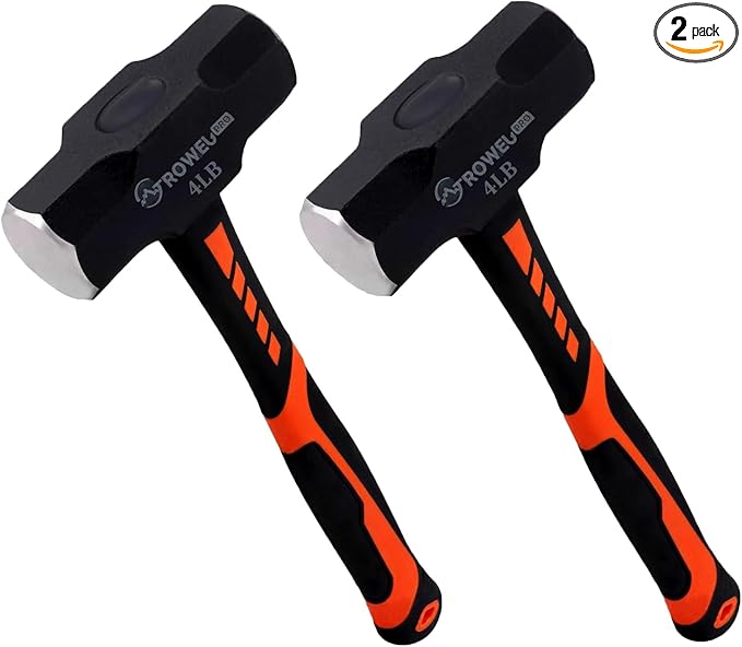 2 Pack 4lb Sledge Hammer - 14.5 Inch Shock-Resistant Fiberglass Handle, Heavy Duty Drilling Crack Hammer with Forged Steel Head for Demolition, DIY & Construction
