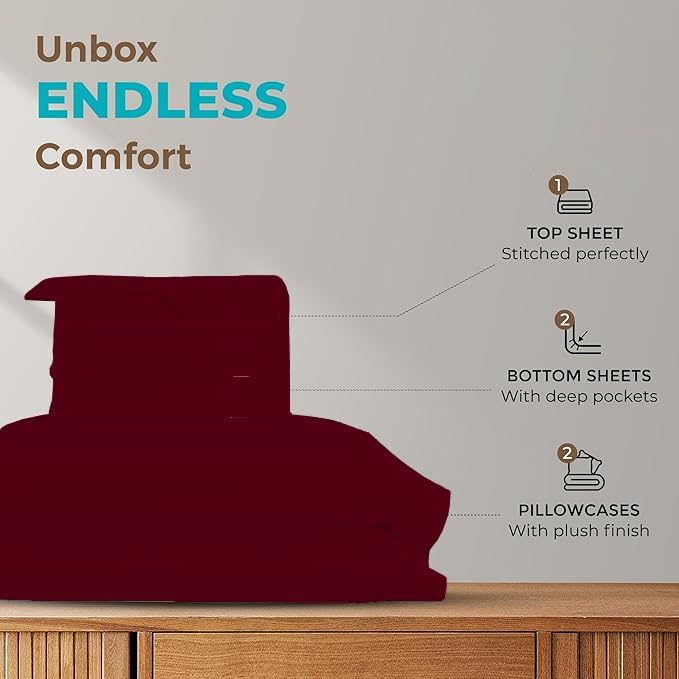 Silentnight Split Queen Sheets for Adjustable Beds 5-Piece Split Queen Sheet Set, 800 Thread Count 100% Egyptian Cotton,18" Deep Pocket Adjustable Bed Sheets, Burgundy Stripe