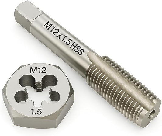 M12x1.5 Metric Tap and Die Set Right Hand HSS Tap & GCr15 Hex Die for Metal Thread Repair