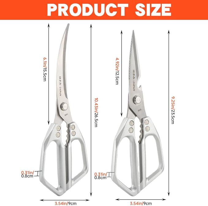Kitchen Scissors Set, Heavy Duty Sharp Silver Poultry Shears & All Purpose Kitchen Shear, Dishwasher Safe for Cutting Food, Chicken Bones & Turkey(Sliver,Size:2 Size)