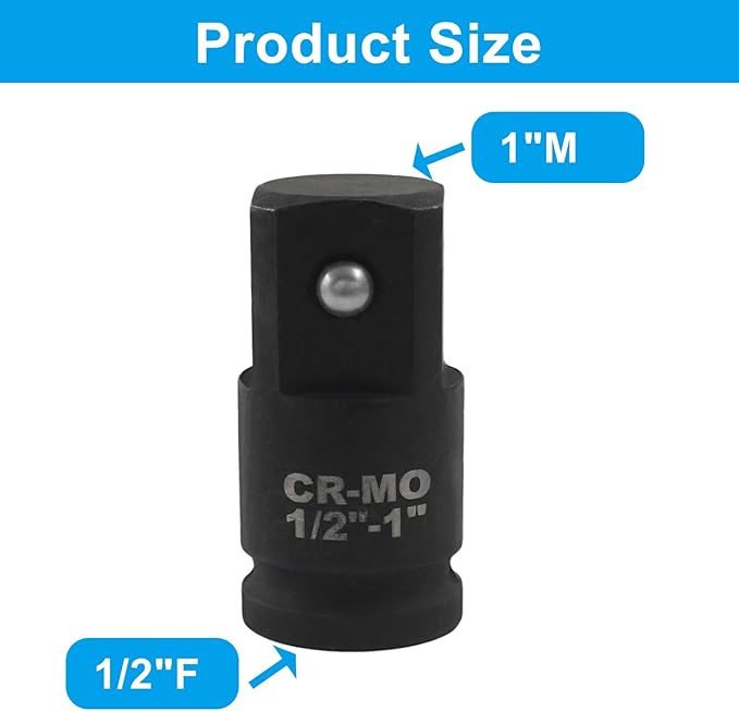 1/2" Female to 1" Male Impact Socket Adapter, Black Wrench Socket Adapter For Impact Driver