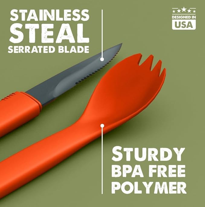 Tapirus Spork Tactical Orange | BPA Free Spoon Fork, Stainless Steel Knife and Fire Starter | 3 in 1 multipurpose utensil | Outdoor hiking, camping & backpacking gear | Fit for MRE