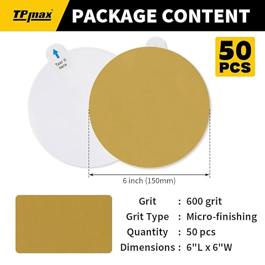 6-Inch 600-Grit Gold PSA Sanding Discs, 50 Pack ??Pro-Grade Self-Adhesive Stickyback Sandpaper with Quick-Release Tabs for DA Sander, Micro-Finishing Automotive/Wood/Metal Sanding