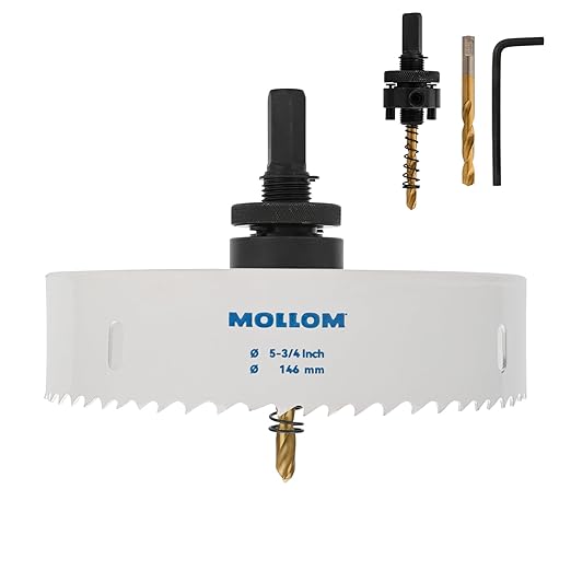 Mollom (146mm | 5-3/4") HSS M42 with 8% Cobalt BI-Metal Hole Saw with 2 Pilot Drill Bits & Arbor Smooth Cutting for PVC,Drywall,Wood,Plastic,Gypsum Board,Rubber