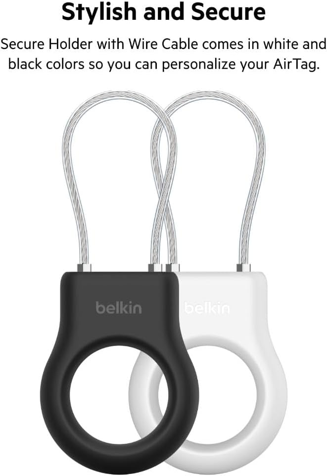 Belkin Apple AirTag Secure Holder With Wire Cable - AirTag Holder - Lock & Protect Air Tags In Durable Scratch Resistant Case - Protective AirTag Keychain Accessory For Keys, Luggage & More ??White