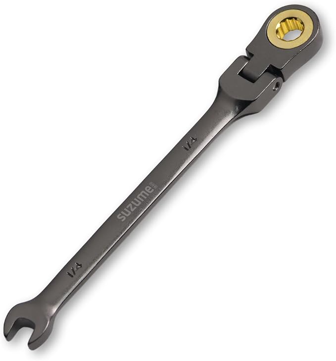 SUZUME 1/4??Flex Head Ratcheting Wrench SAE 72 Teeth Cr-V Steel with 180째 Flexible Head 15K+ Cycle Locked Gears Black Nickel Coating