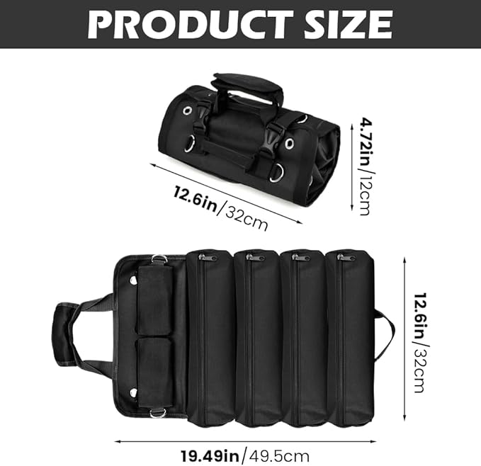 Roll Up Tool Bag, Heavy Duty Tool Organizer with 5 Compartments & 2 Detachable Pouches, Portable Foldable Waterproof Tools Bag for Dad Men Electrician Mechanic Gifts (COLOR:Black)