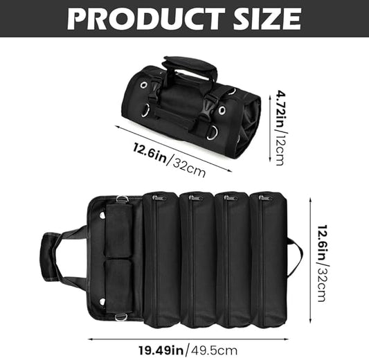 Roll Up Tool Bag, Heavy Duty Tool Organizer with 5 Compartments & 2 Detachable Pouches, Portable Foldable Waterproof Tools Bag for Dad Men Electrician Mechanic Gifts (COLOR:Black)